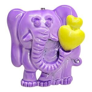 Vintage Purple Elephant Ceramic Brooch Pin Yellow Heart Glazed 80s Kitsch